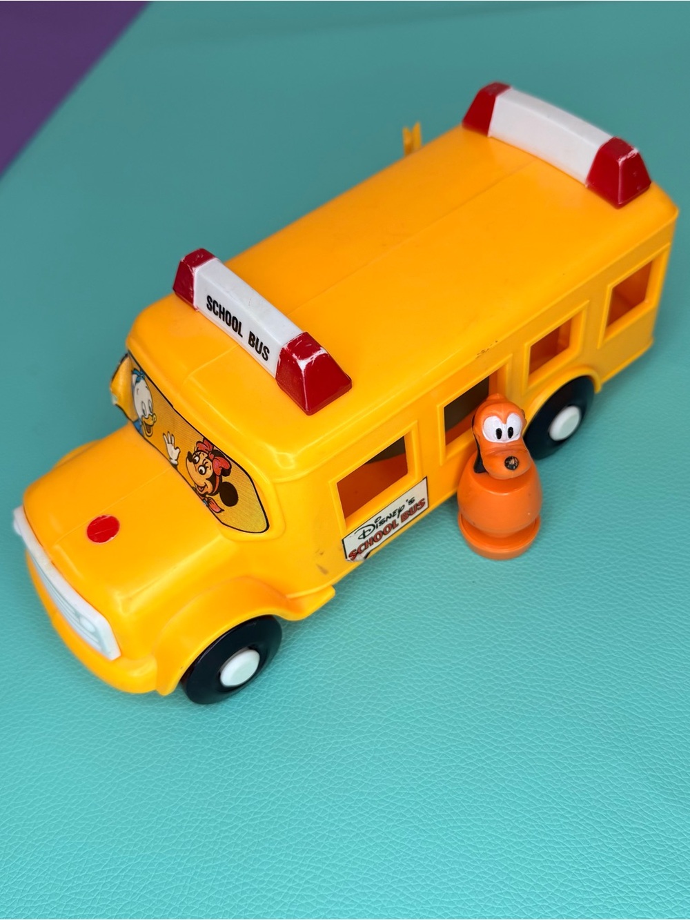 Disney Vintage Yellow School Bus Toy with Pluto Figure